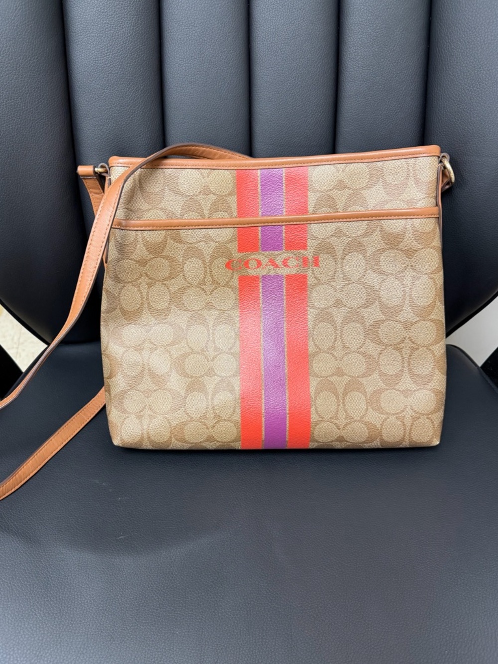 Coach Tan Signature Crossbody with Orange and purple Stripe